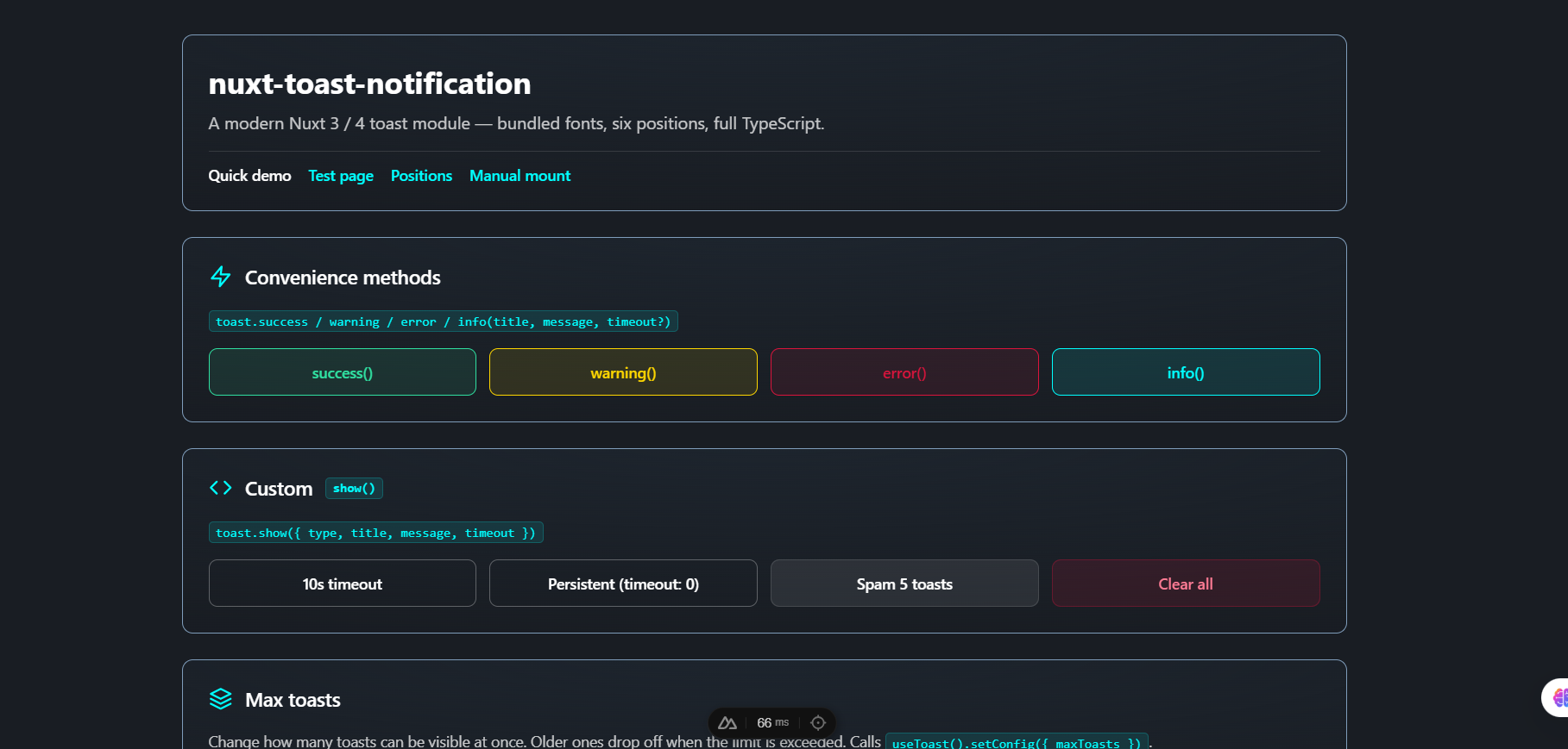 Quick demo page with the four type buttons, custom show controls, and the Max toasts stepper