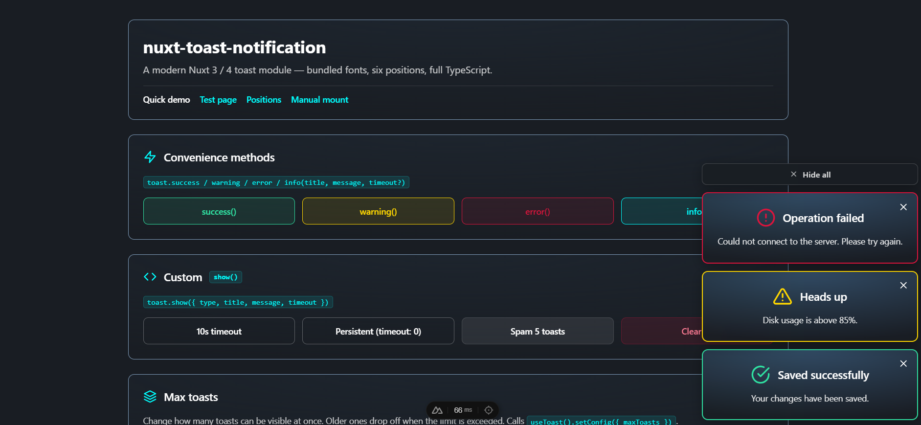 Three stacked toasts (success, warning, error) with a "Hide all" button on a dark dashboard