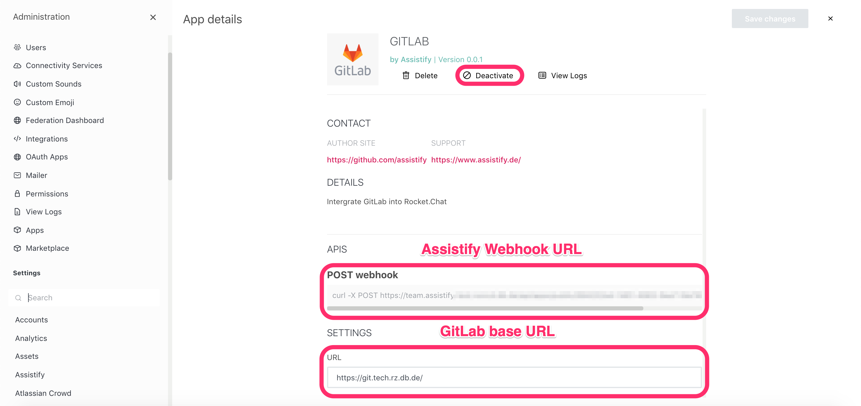 Assistify GitLab App settings