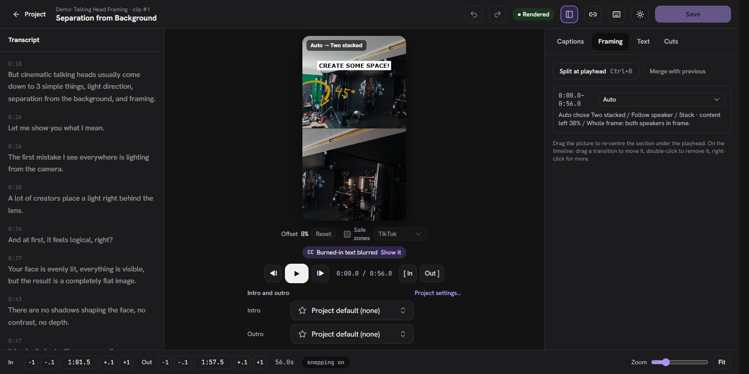 Clip editor with 9:16 preview, captions panel, and multi-lane timeline