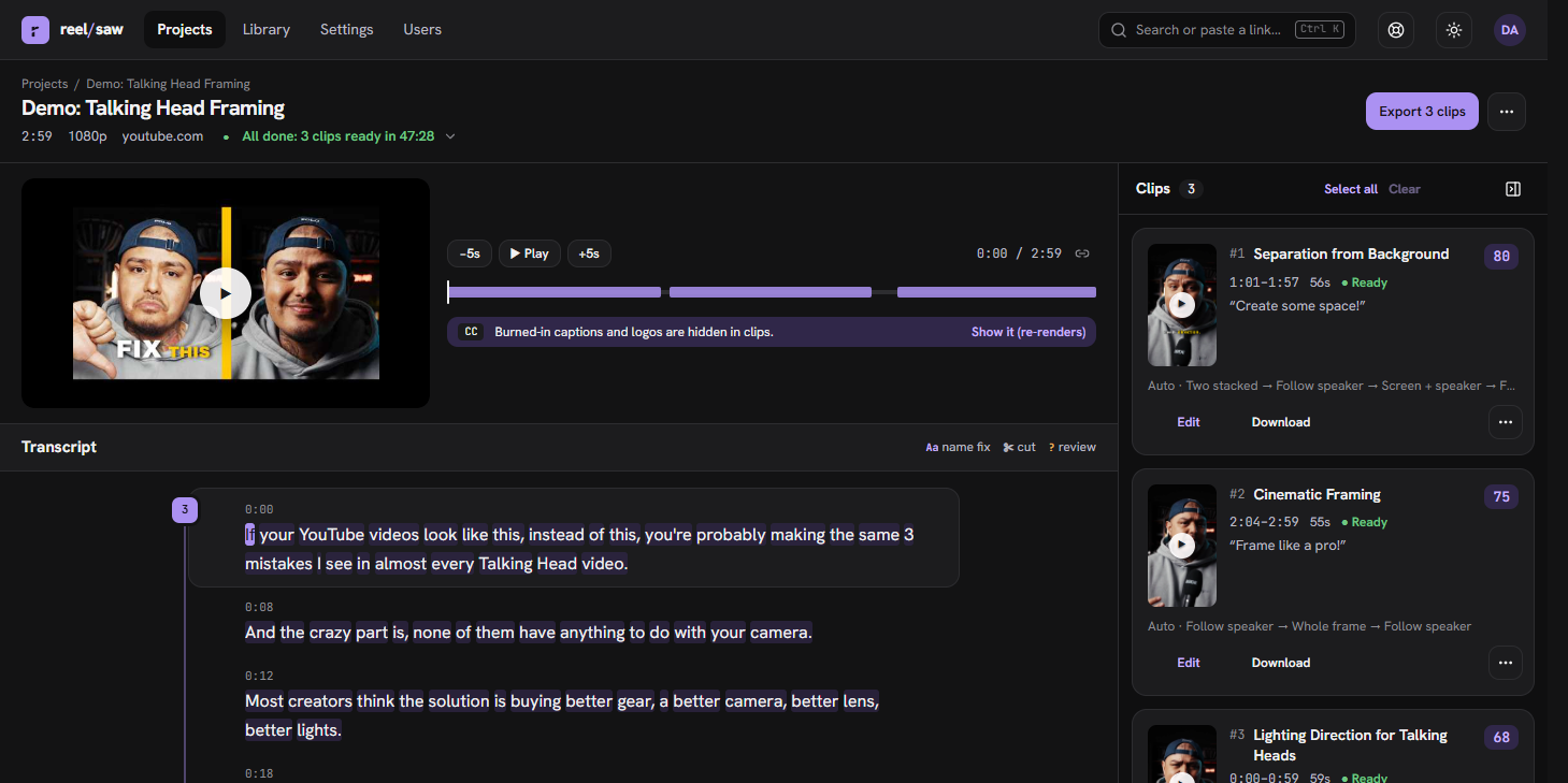 Project workspace with source player, transcript, and rendered clips