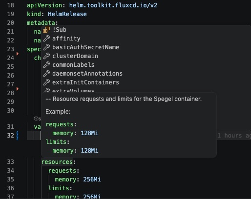 Flux Helm IntelliSense completions and hover documentation