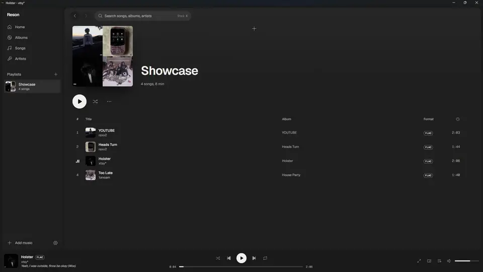 Reson skipping through a playlist: Now Playing recolors from each cover while synced lyrics scroll along