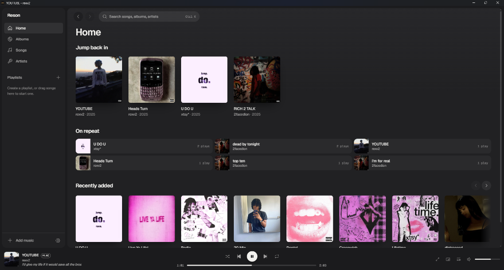 Home screen with recent albums and most played songs