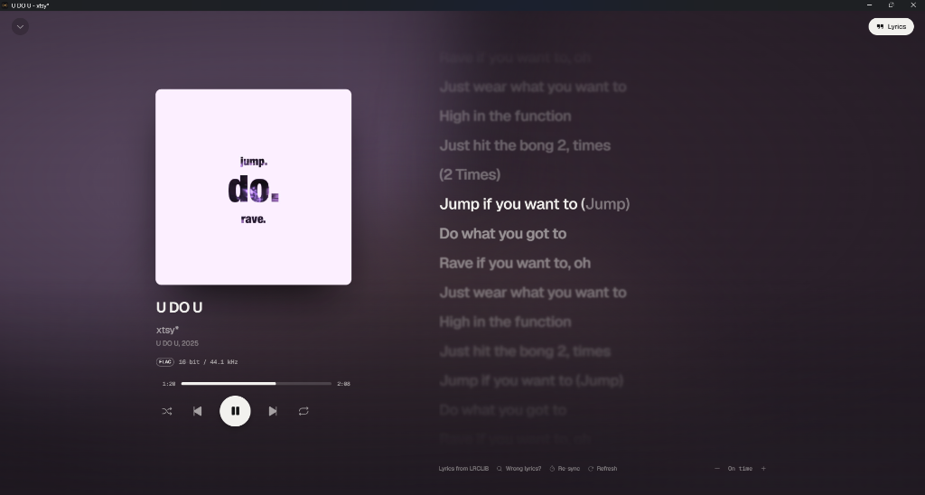 Synced lyrics with depth blur on a purple theme