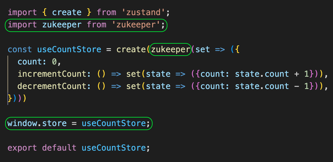 An image showing how to implement Zukeeper when creating a Zustand store