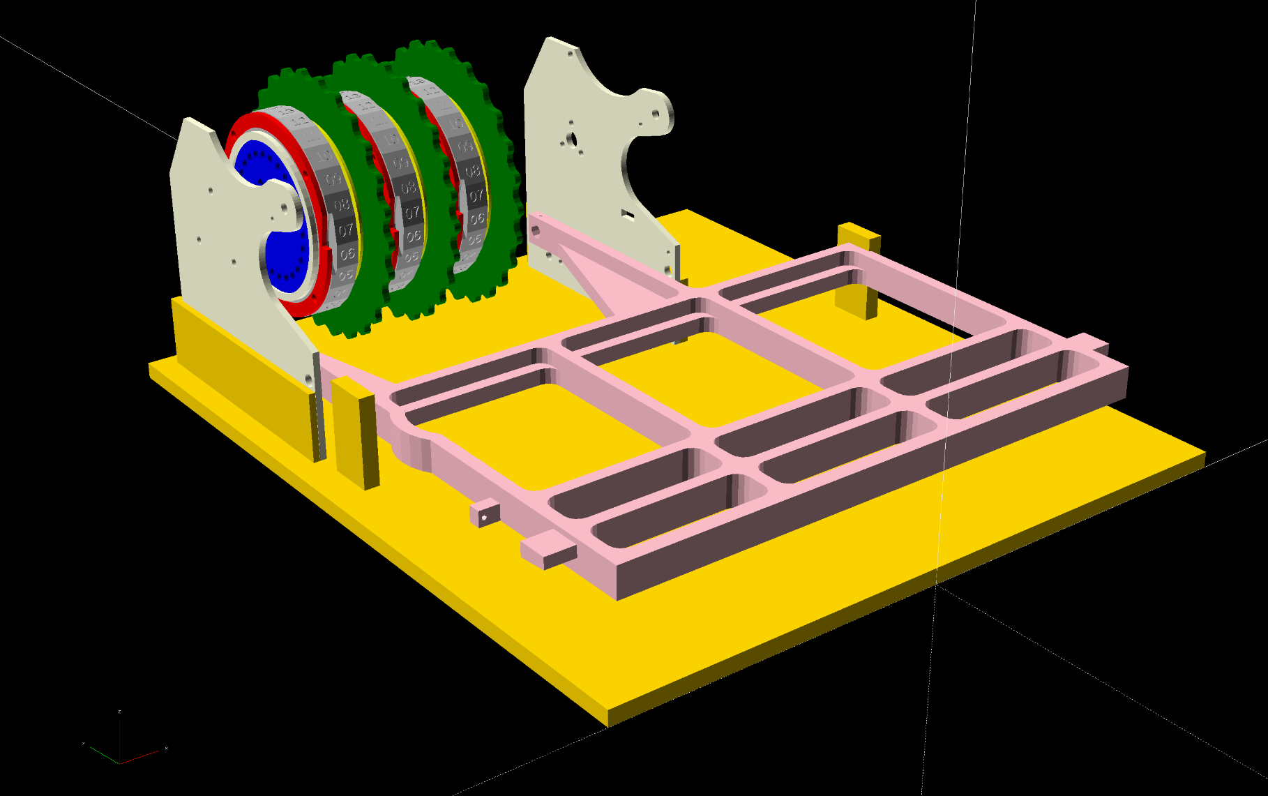 baseplate and rotors rendered in openscad