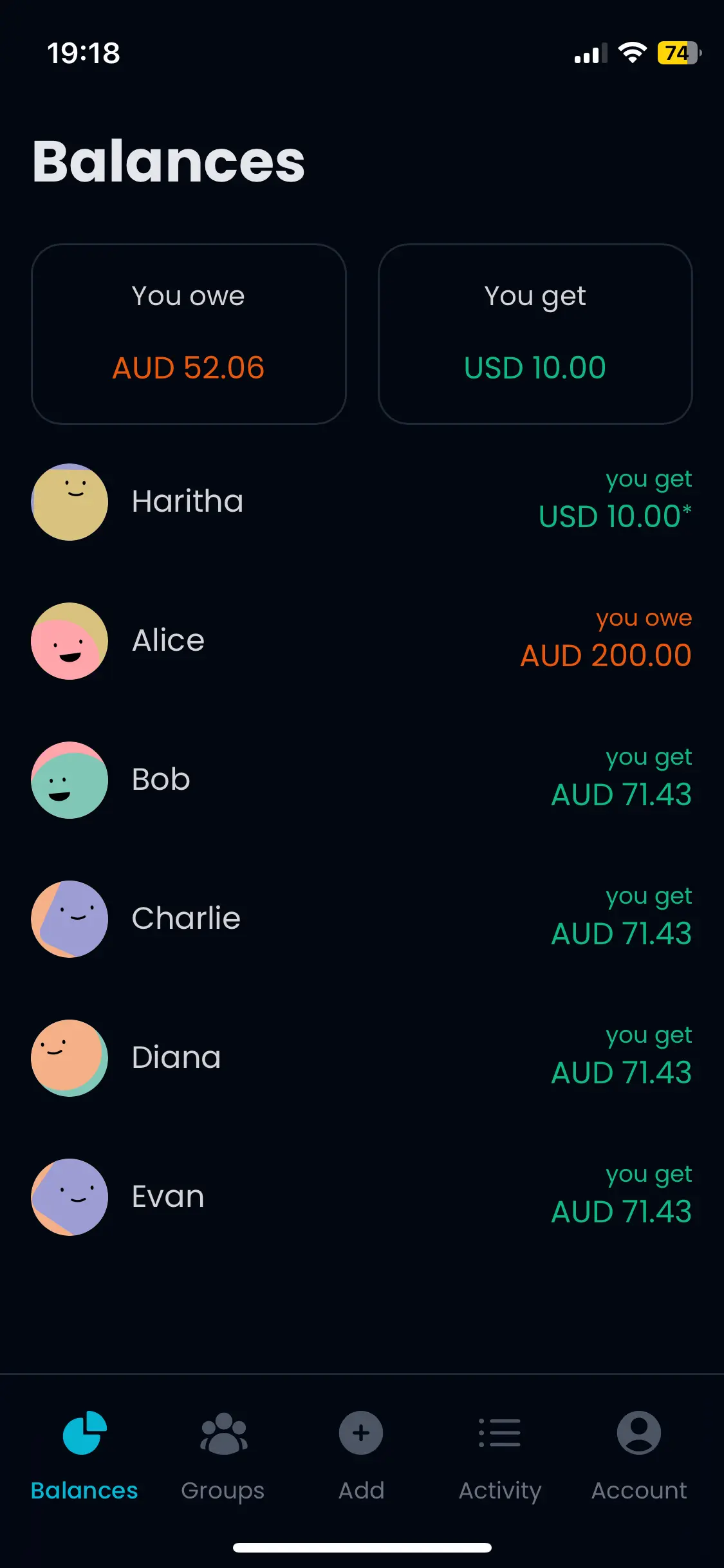 Mobile balances view