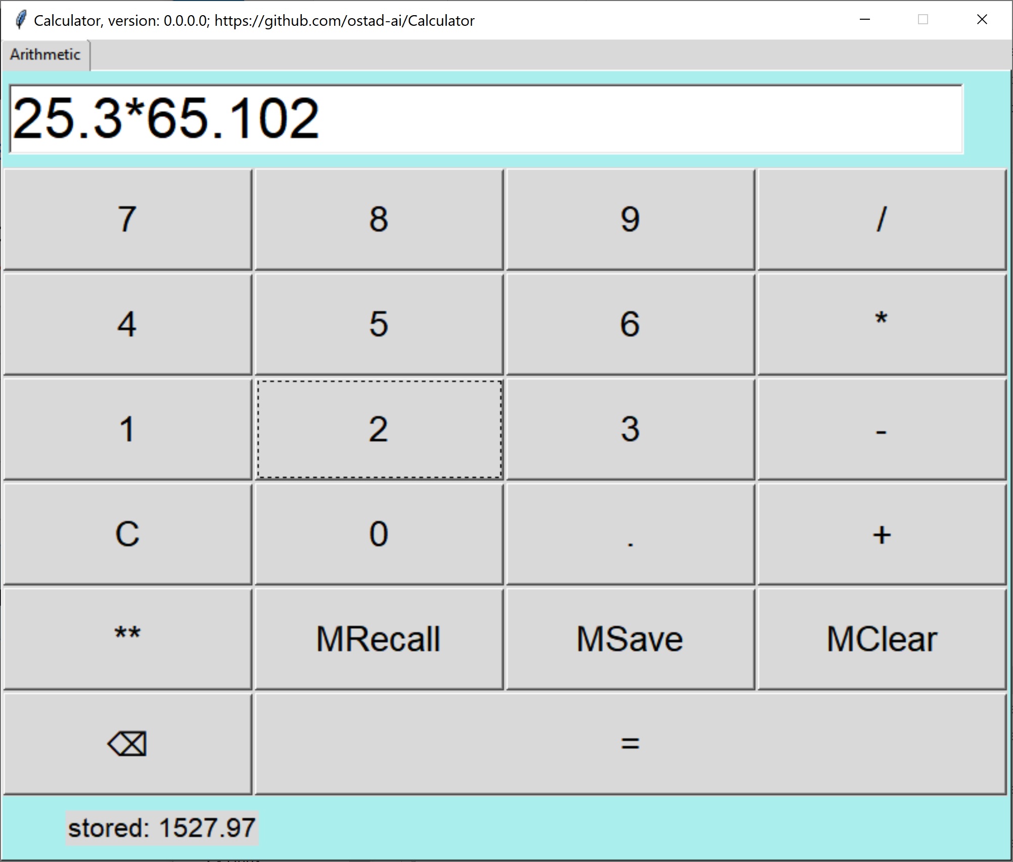 A snapshot of the calculator: Calculator, version 0-0-0-0