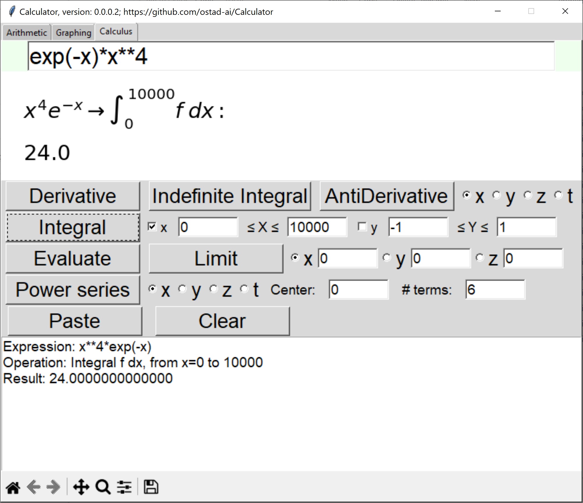 A snapshot of the calculator: Calculator, version 0-0-0-2