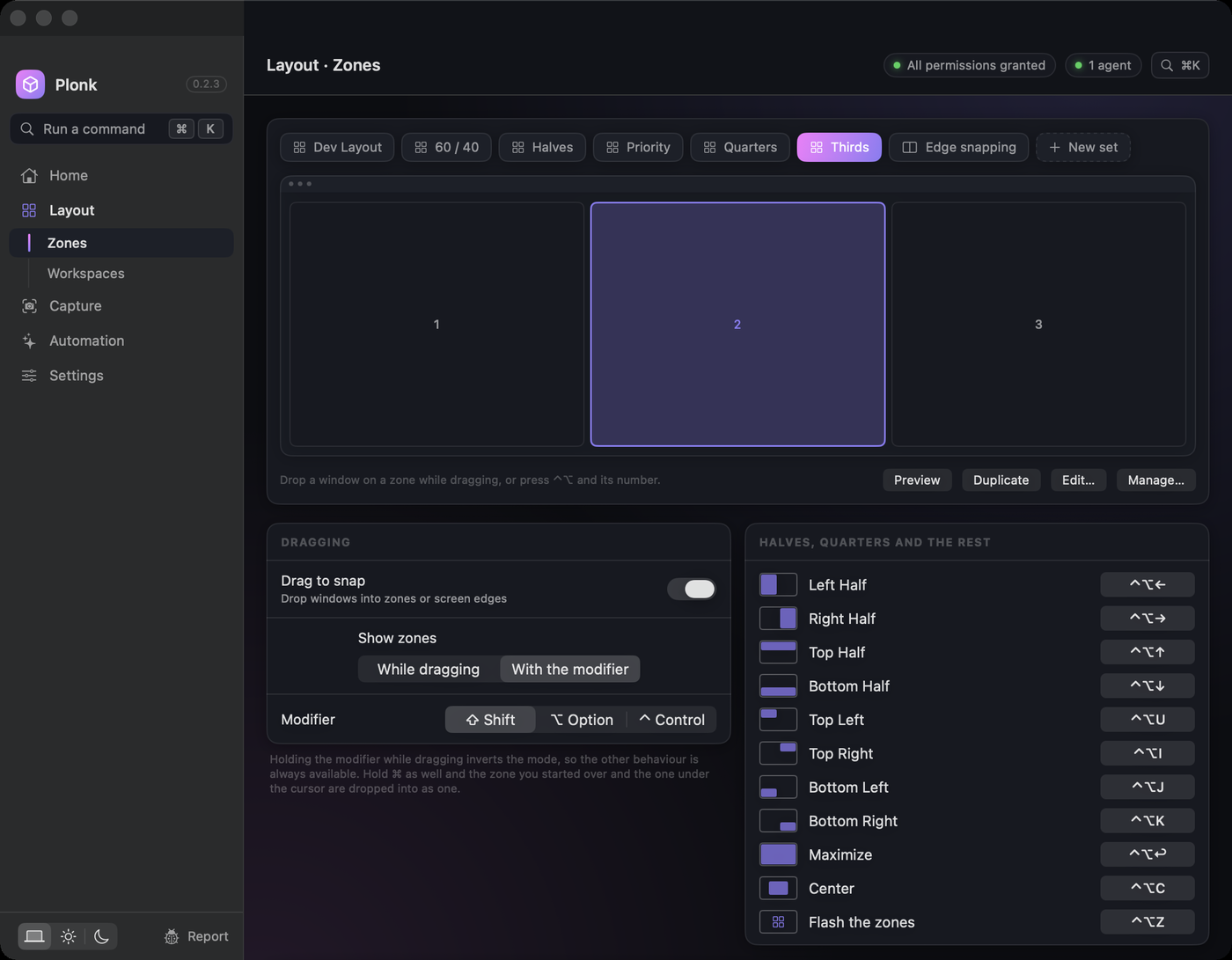 Plonk's Zones page: a row of zone sets across the top with Edge snapping selected, controls for drag-to-snap and the modifier that shows the zones, and the list of halves, quarters, maximize and centre with the shortcut bound to each