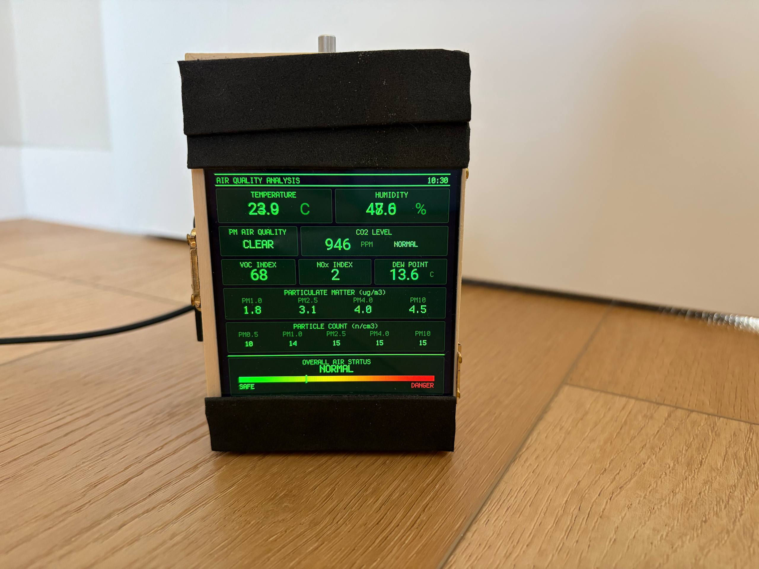 Air Quality Analysis screen with temperature, humidity, PM air quality, CO2, VOC, NOx, dew point, PM mass and particle counts.
