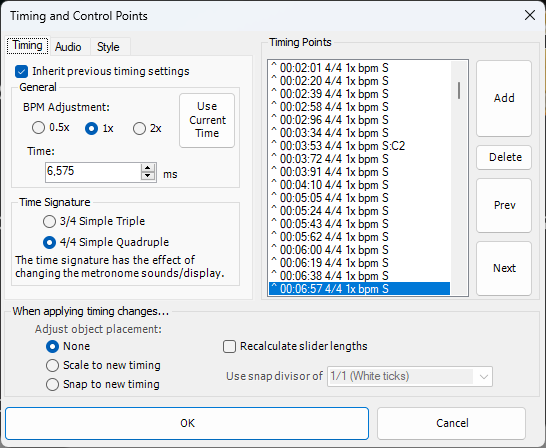A screenshot of the Timing section within Timing and Control Points popup menu
