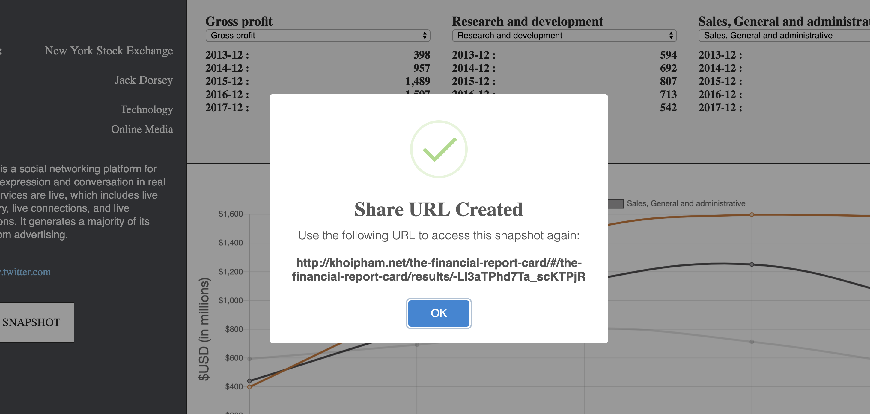 Alert modal displays share link to see current snapshot
