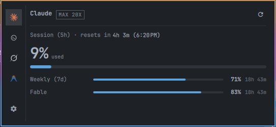 Claude popup with session, weekly, and model windows