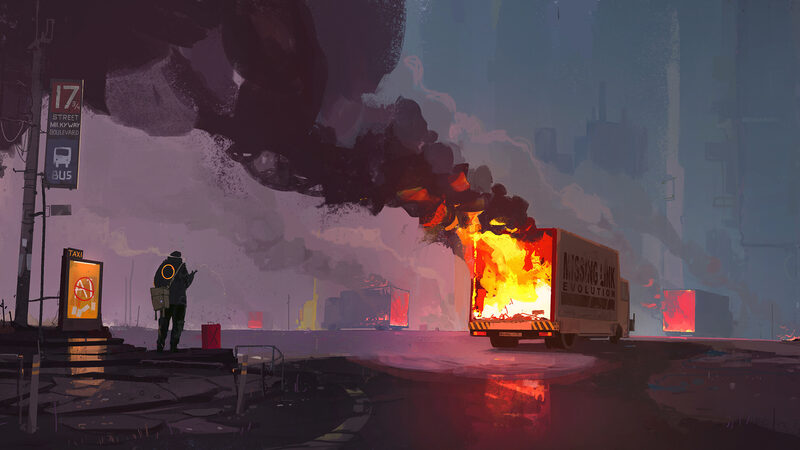 Painted street with a burning van