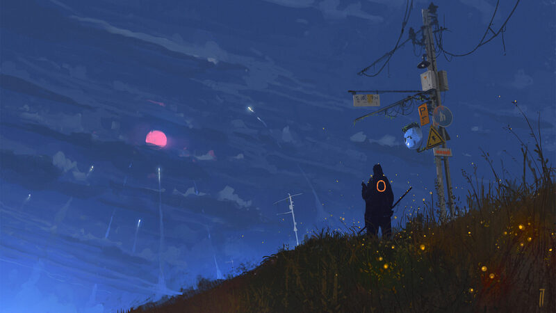 Figure on a hill under a red moon