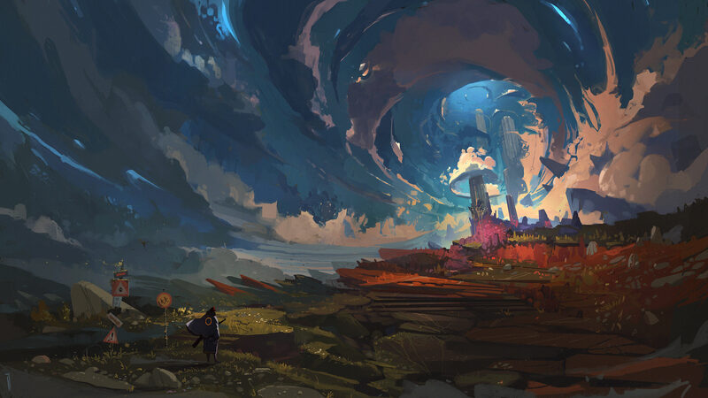 Painted sky vortex over a ruined road