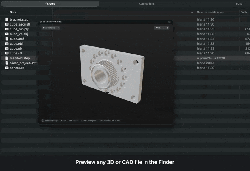 Previewing a STEP file in the Finder: wireframe modes, zooming into the mesh, changing the surface colour.