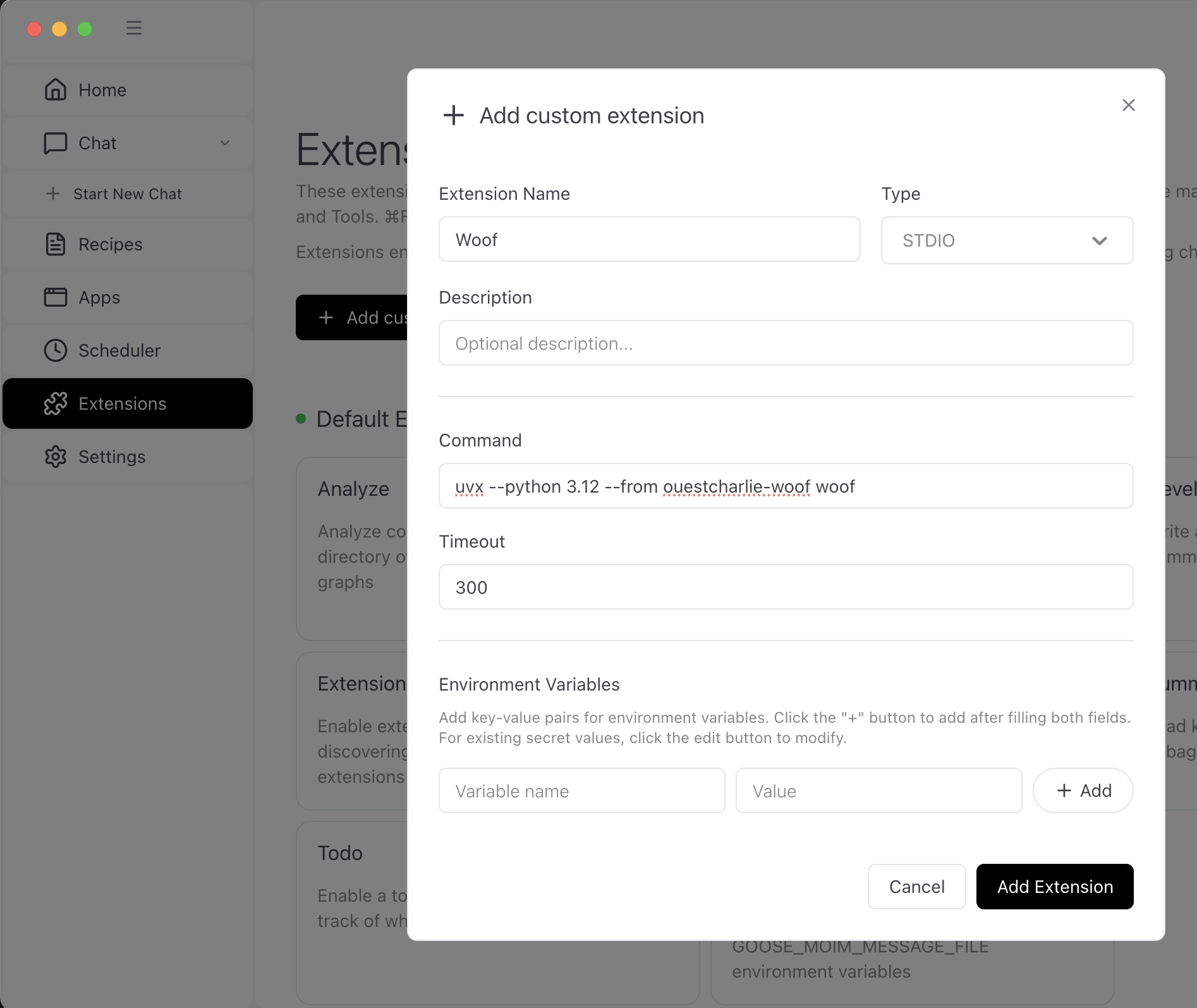Setup Woof extension in Goose