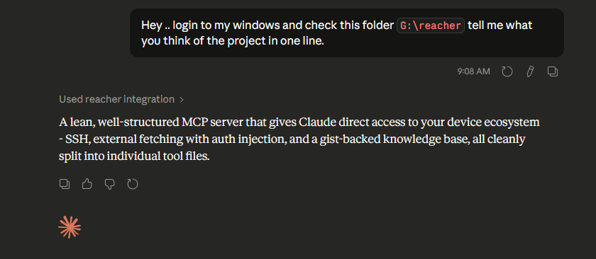 Claude exploring code on a remote machine via Reacher SSH tool