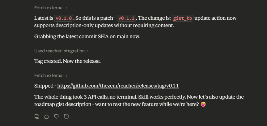 Claude + Reacher MCP creating a tag and release for the Reacher repo