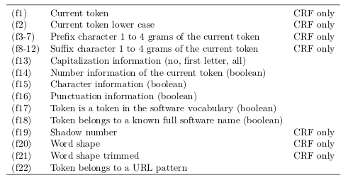 custom features for software mention recognition