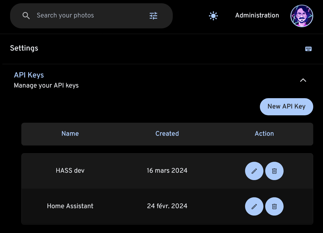 'API Keys' section on the Immich account settings page