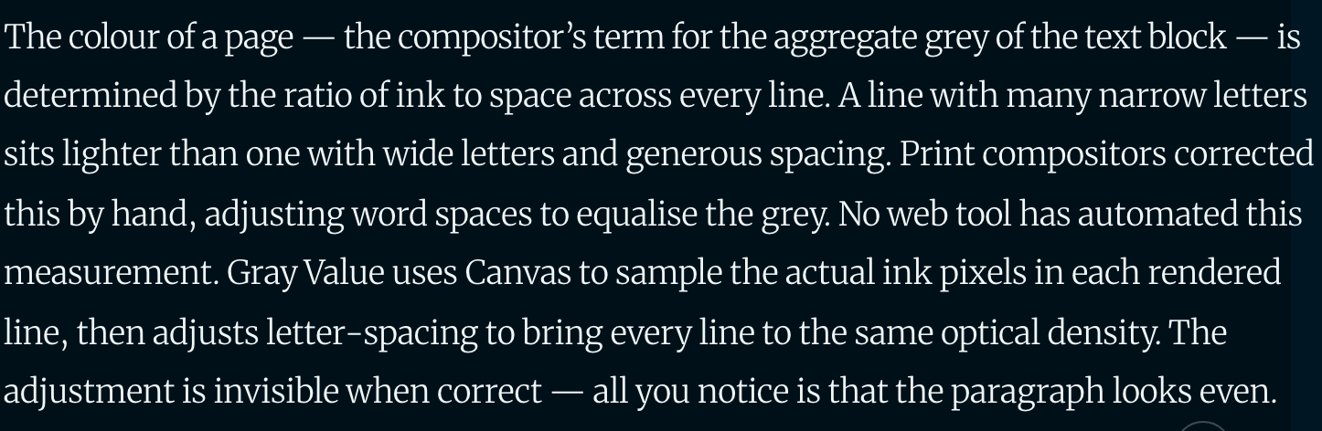 A paragraph of serif text with even optical colour after Steady Gray equalizes each line's ink density