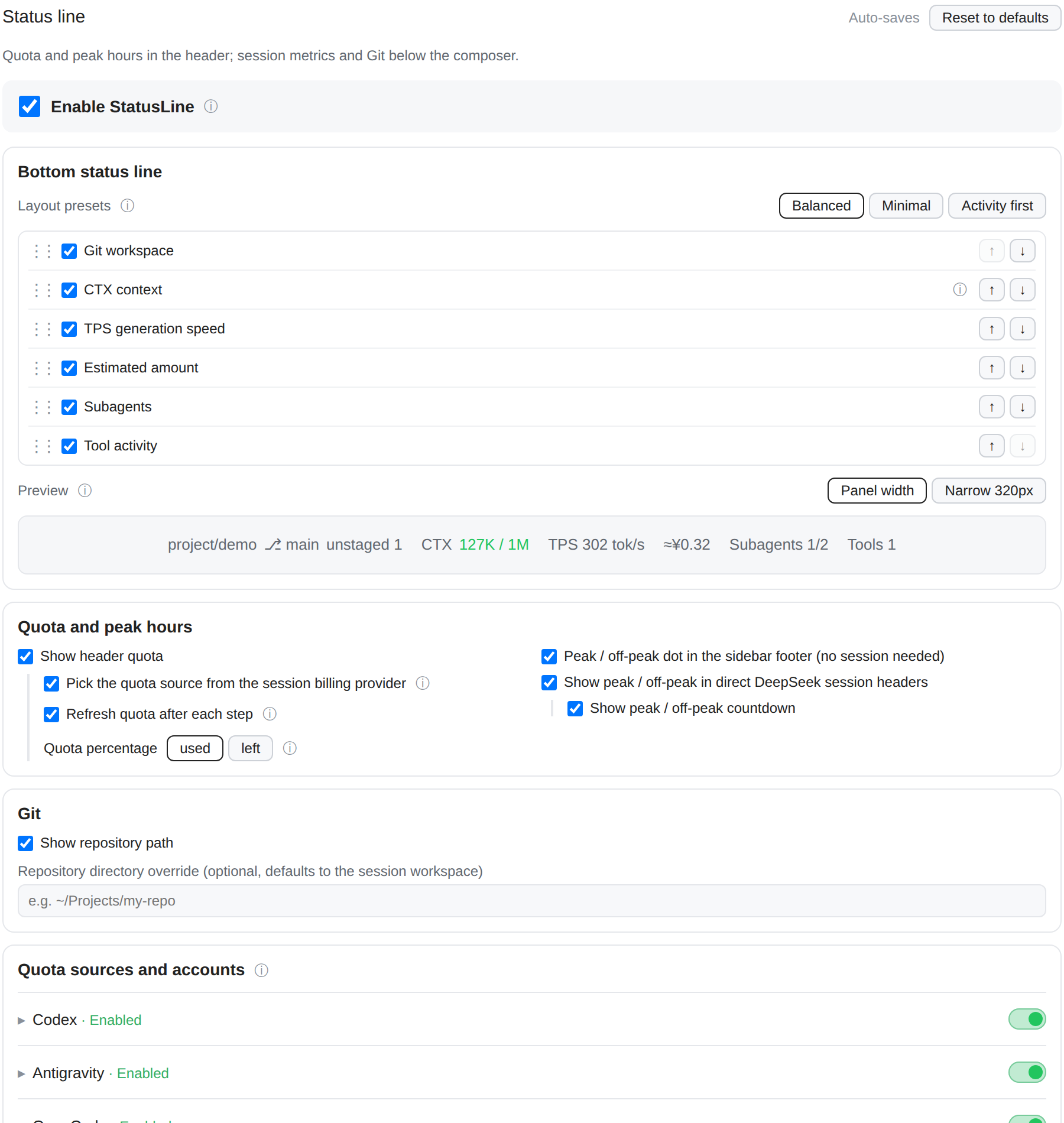 StatusLine settings: component order, presets, live preview, quota and peak options