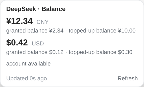 DeepSeek balance details with separate CNY and USD balances and manual refresh