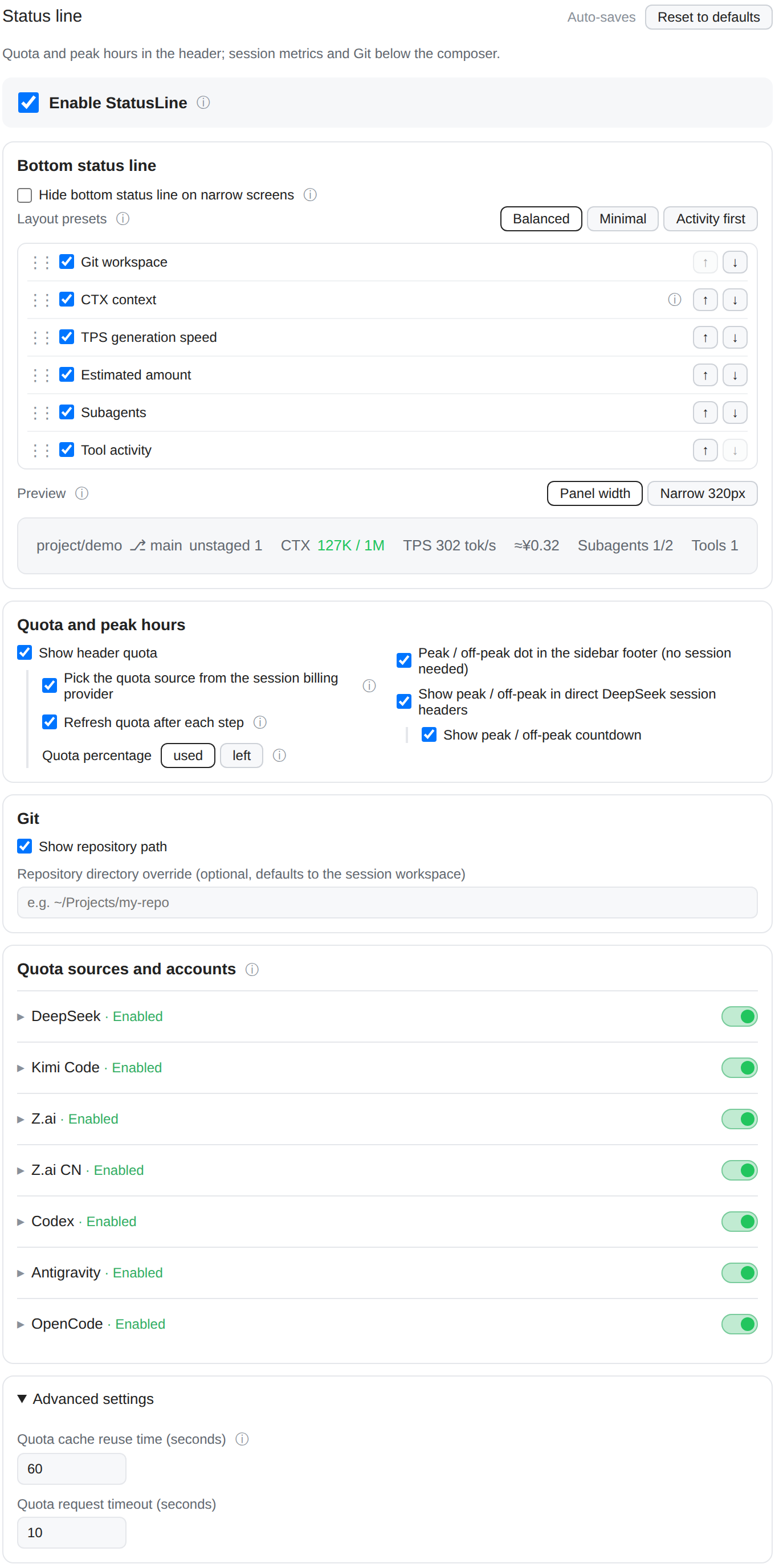 Statusline settings: component switches and ordering, layout preview, narrow-screen option, quota and peak toggles, account sources, cache and timeout