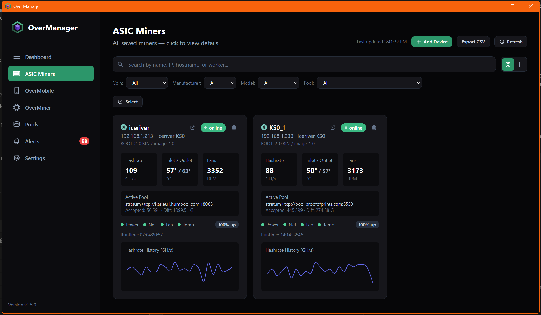 OverManager ASIC Miners Card View