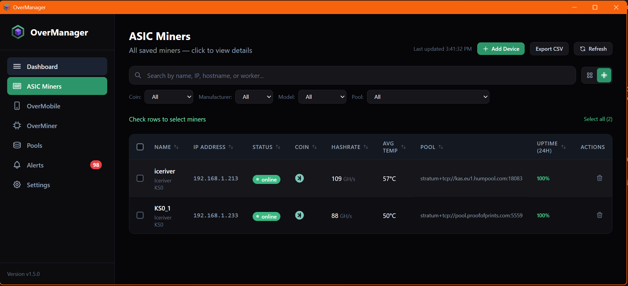 OverManager ASIC Miners Grid View