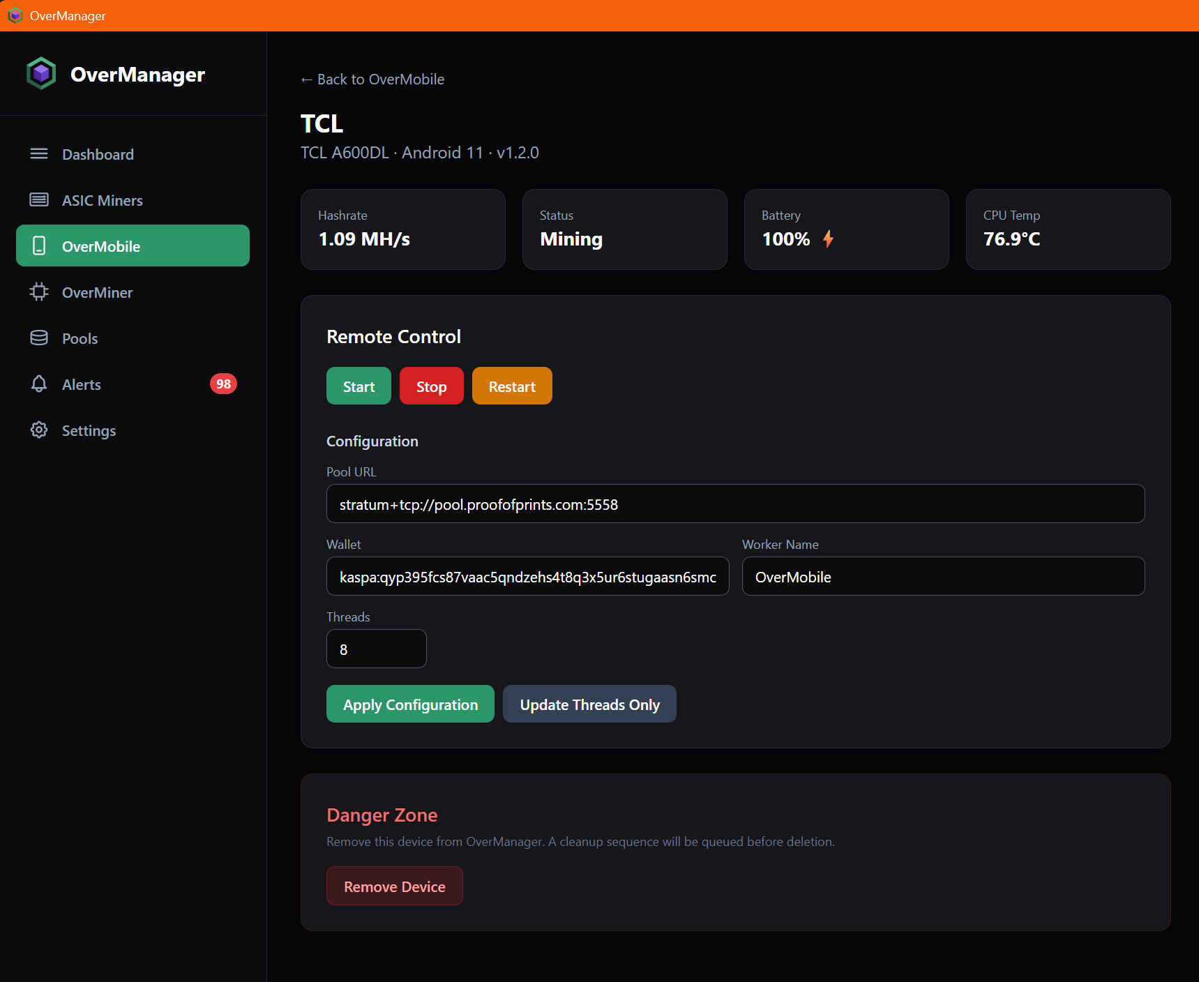 OverManager Mobile Miner Remote Control