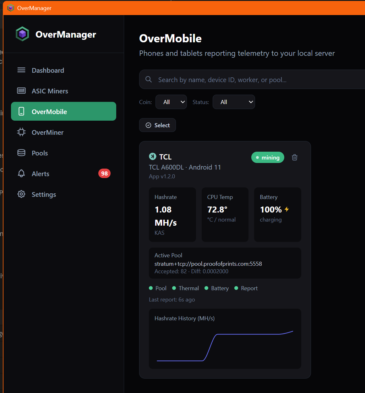 OverManager Mobile Miners View