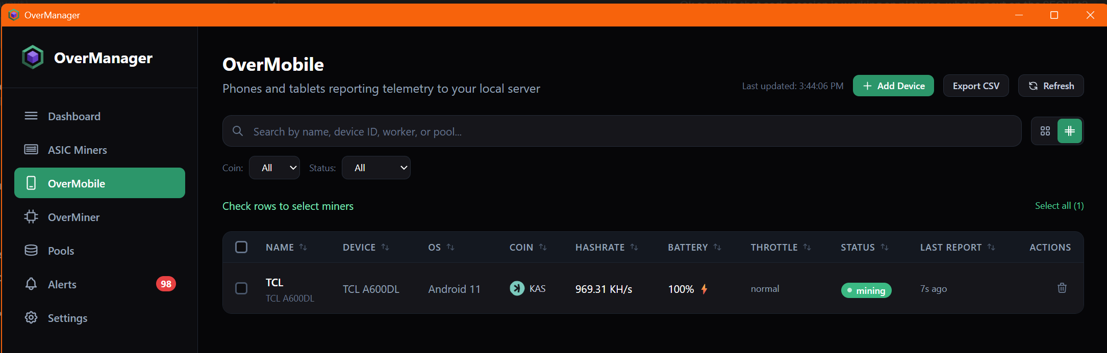 OverManager Mobile Miners Grid View