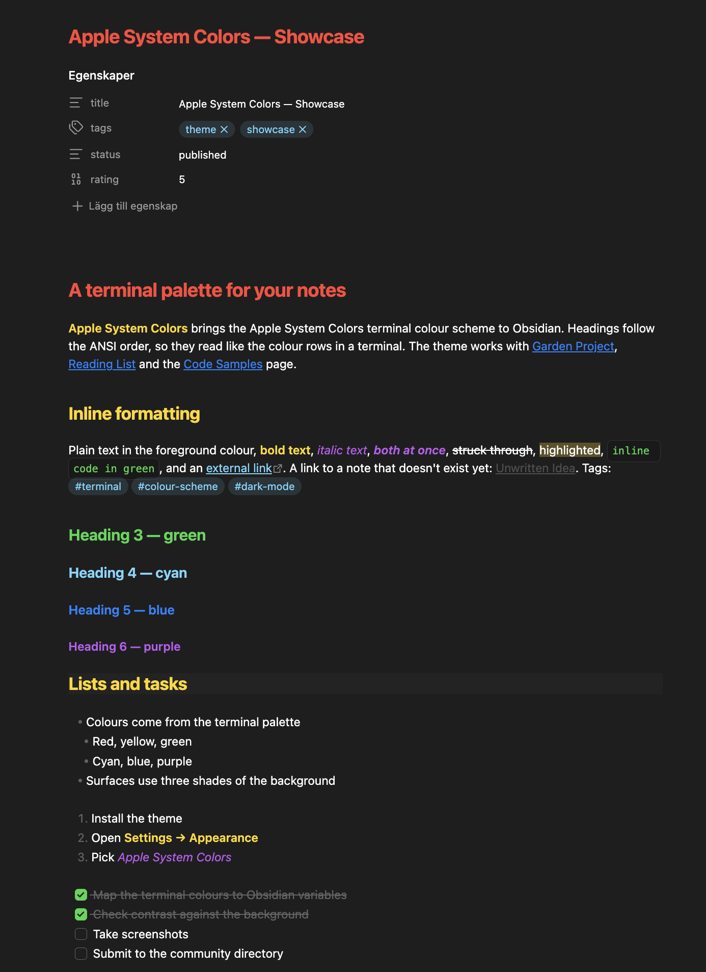 Apple System Colors — headings, formatting, lists and tasks