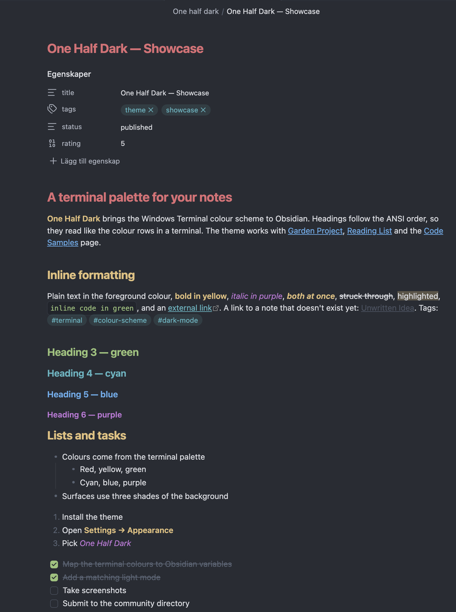 One Half Dark — headings, formatting, lists and tasks