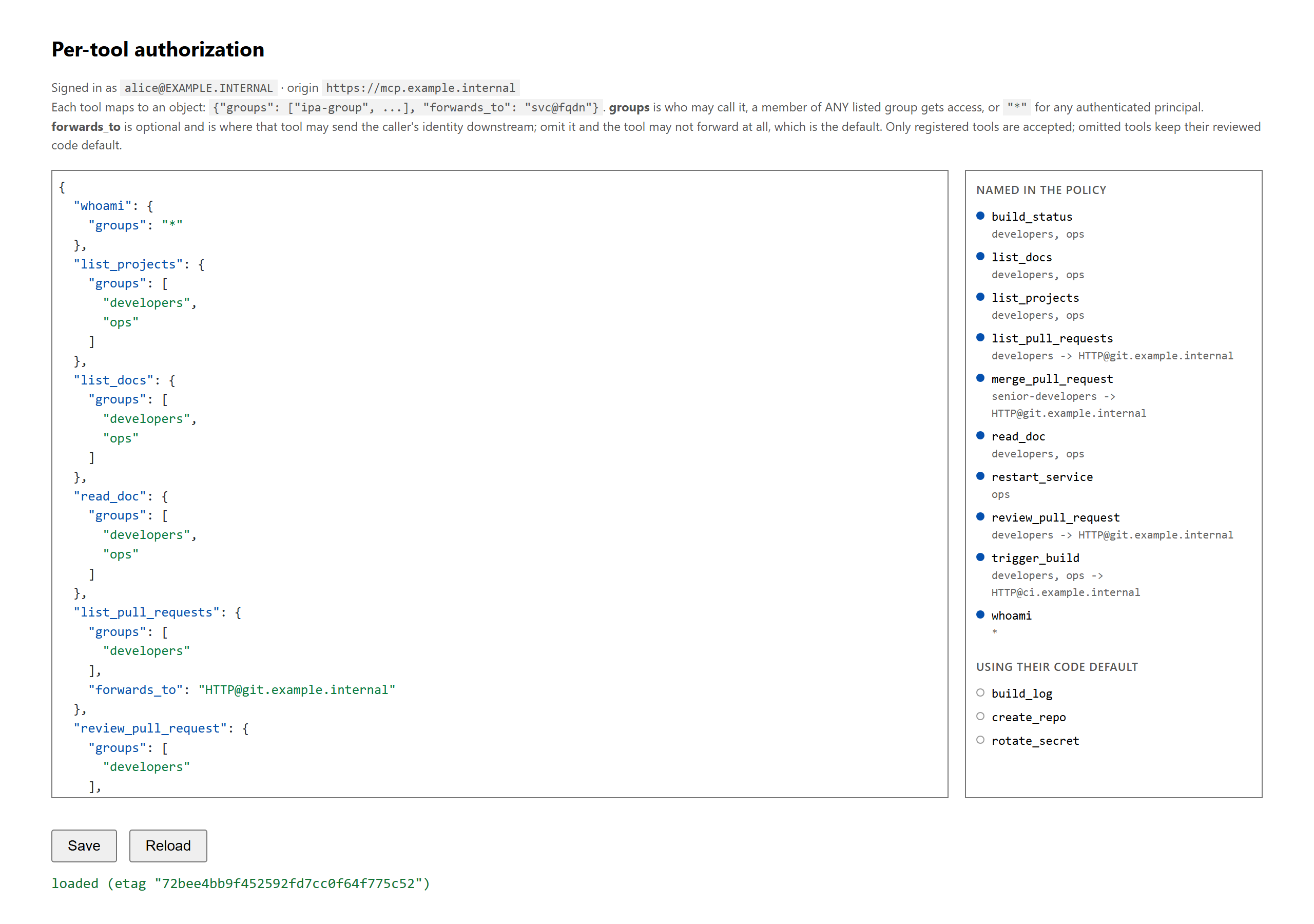The optional per-tool authorization editor: the policy as JSON on the left, every registered tool on the right, marked by whether the policy names it or it keeps its reviewed default