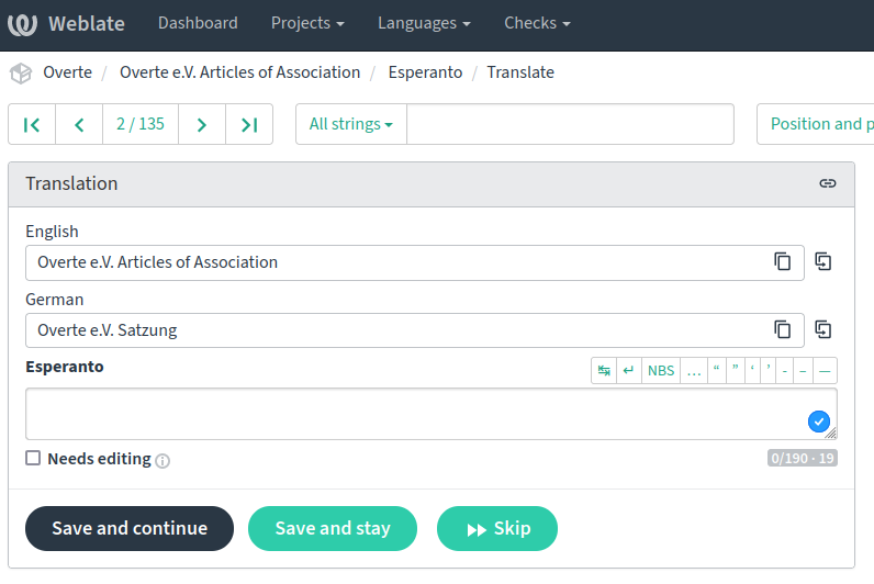 Screenshot of Weblate showing German and English for translation