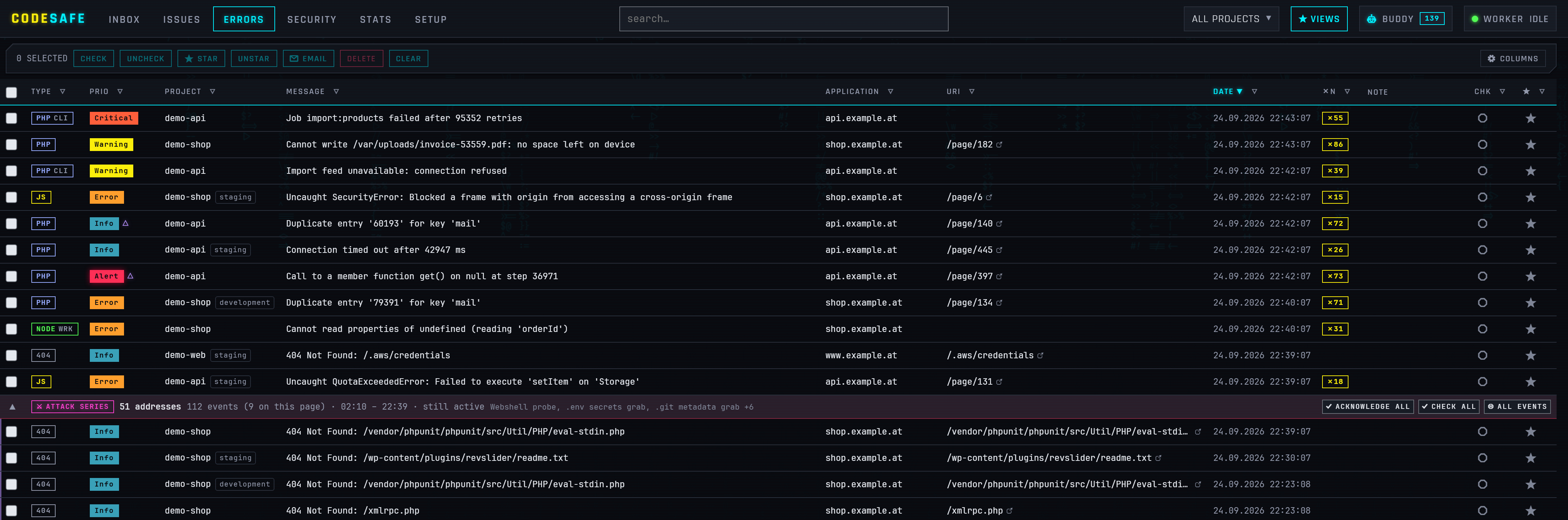 The ovos codesafe ERRORS grid: live PHP, JavaScript, Node and 404 events from several sites with project, priority, message, URI and occurrence counts, and scanner probes from 51 addresses folded into one attack series