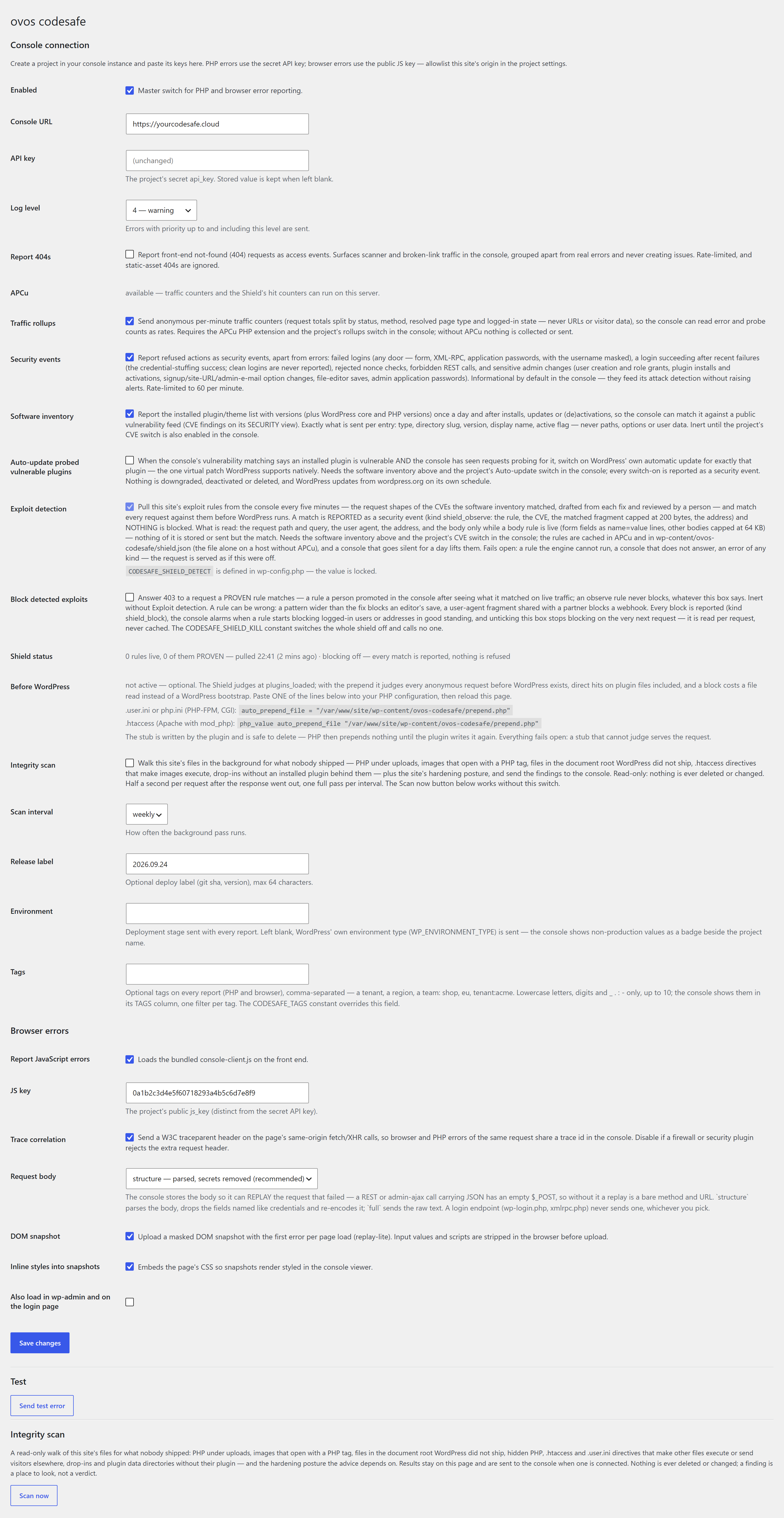 The plugin's settings screen in WordPress admin: codesafe URL and API key, log level, an APCu line, switches for 404 reporting, traffic rollups, security events, software inventory, auto-update, exploit detection and blocking with the Shield status line, the integrity scan, release label, environment and tags, and the browser-error options