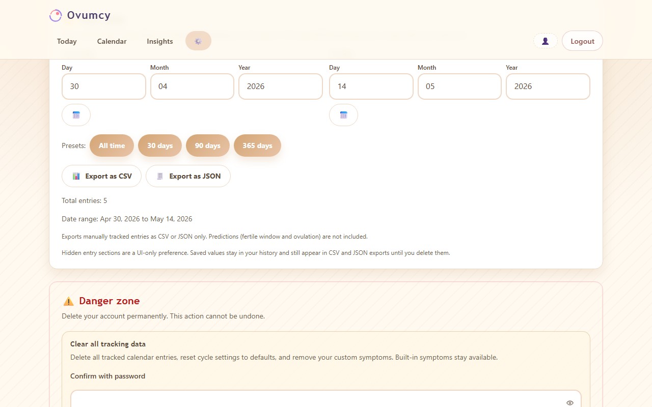 Ovumcy export settings screen