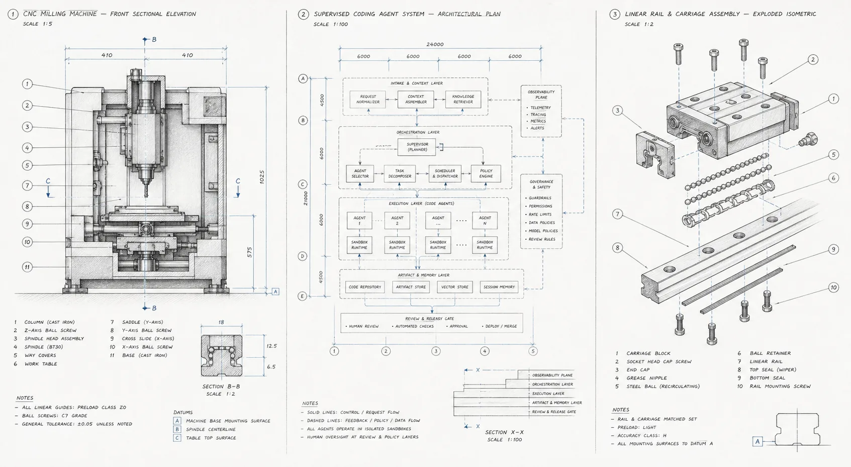 Technical drawings of a milling machine, supervised coding-agent system, and precision linear assembly