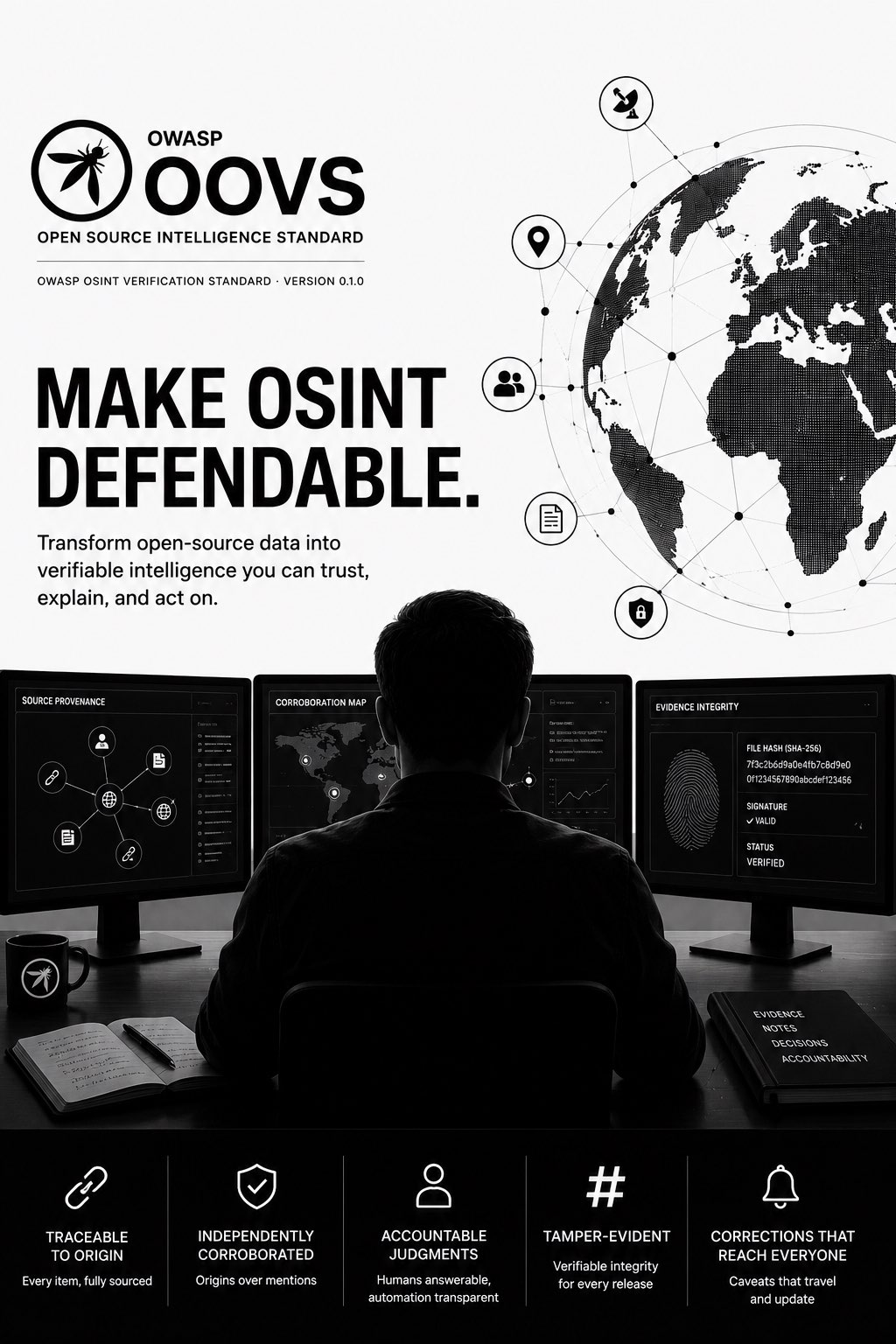 OOVS overview panel: an analyst reviewing source provenance, a corroboration map, and evidence integrity with a SHA-256 file hash marked verified, above five principles: traceable to origin, independently corroborated, accountable judgments, tamper-evident, and corrections that reach everyone.