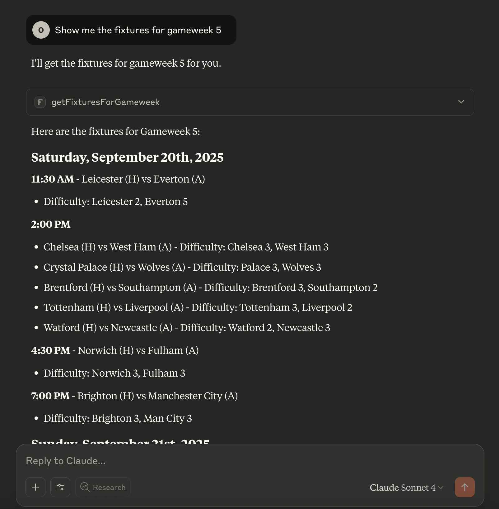 Screenshot of Claude Desktop using FPL MCP server