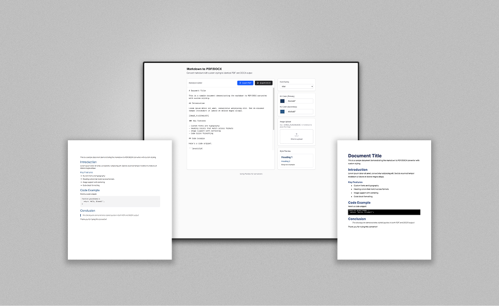 Multi Docs application screenshot showing the markdown editor, style controls, and exported PDF and DOCX documents
