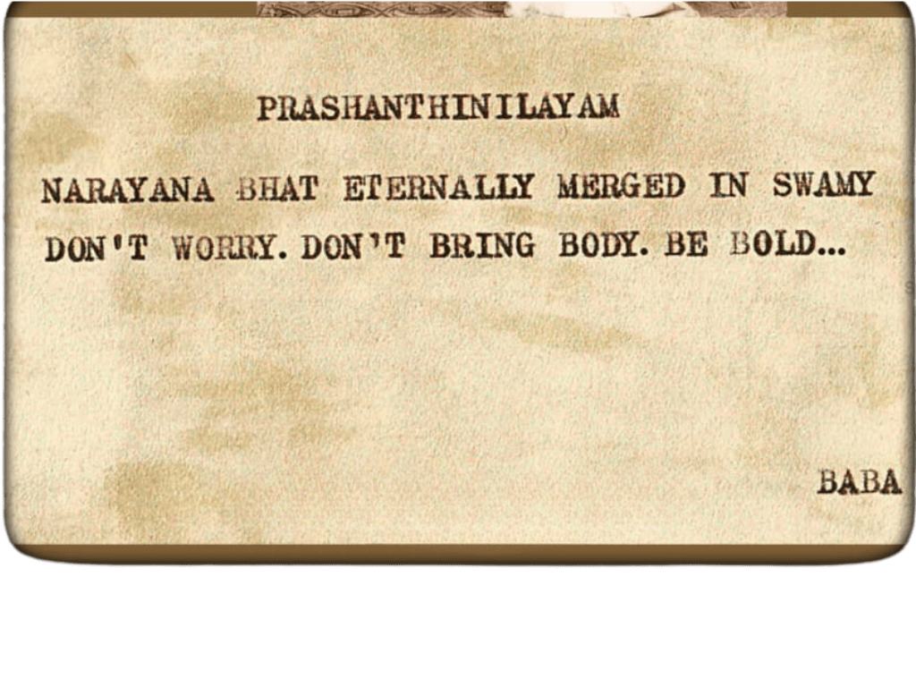 Bhagavan Sri Sathya Sai Baba's letter to the Narayana Bhat family after his passing