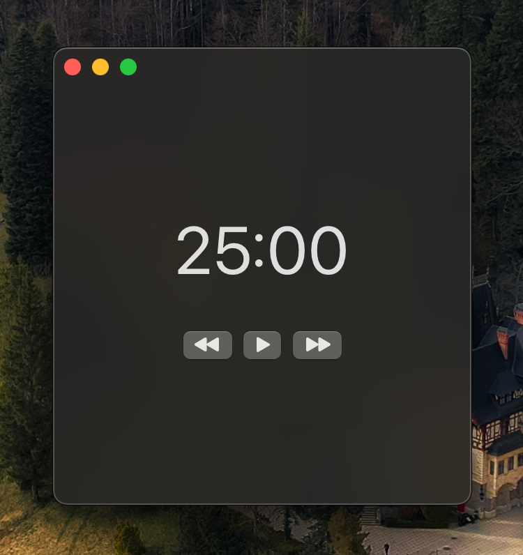 Powo Application Screenshot with translucent blurred window, a timer displaying 25 minutes, a play button and a next/previous button